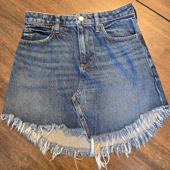 Free People Dresses & Skirts - We The Free Free People Denim Mini Skirt Raw Fringe Hem Blue Size 25 High Waist